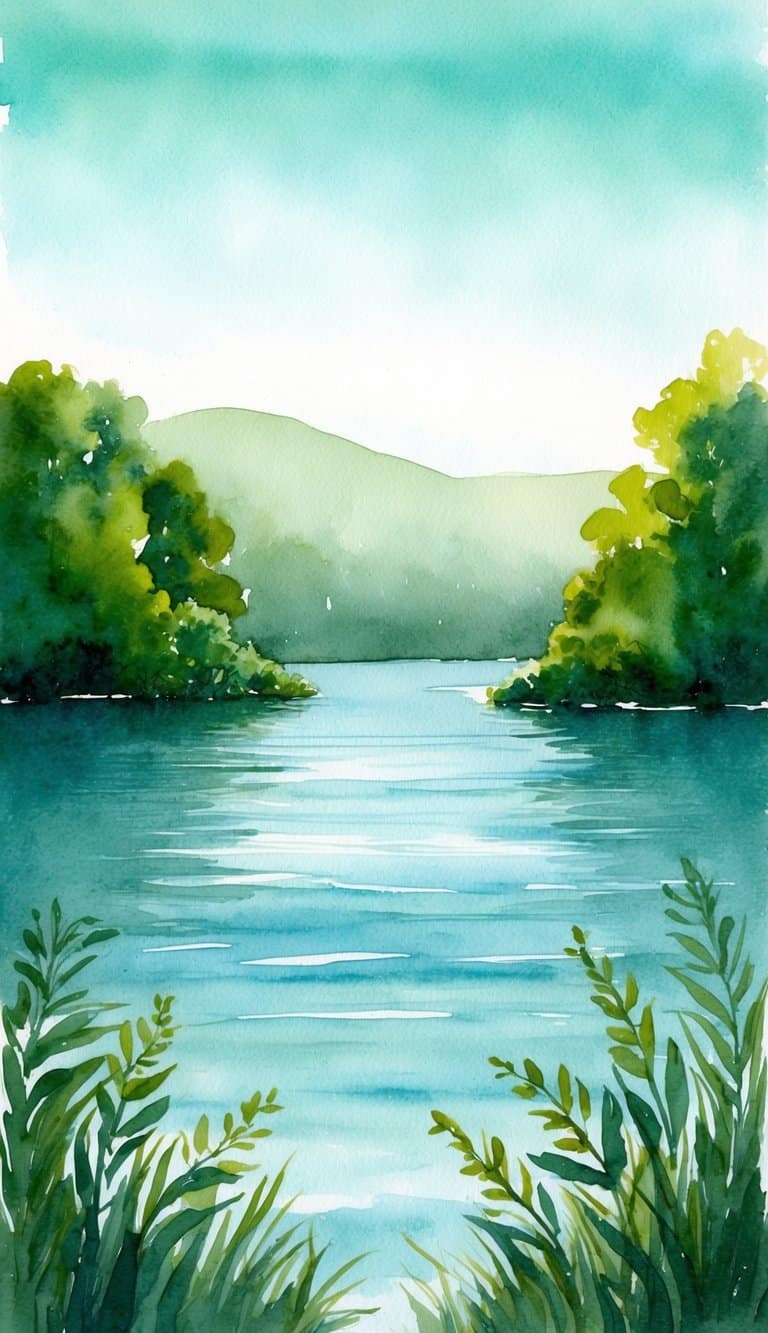 Calm lake scene in watercolor with green trees, distant hills, and reflections for iPhone wallpaper.