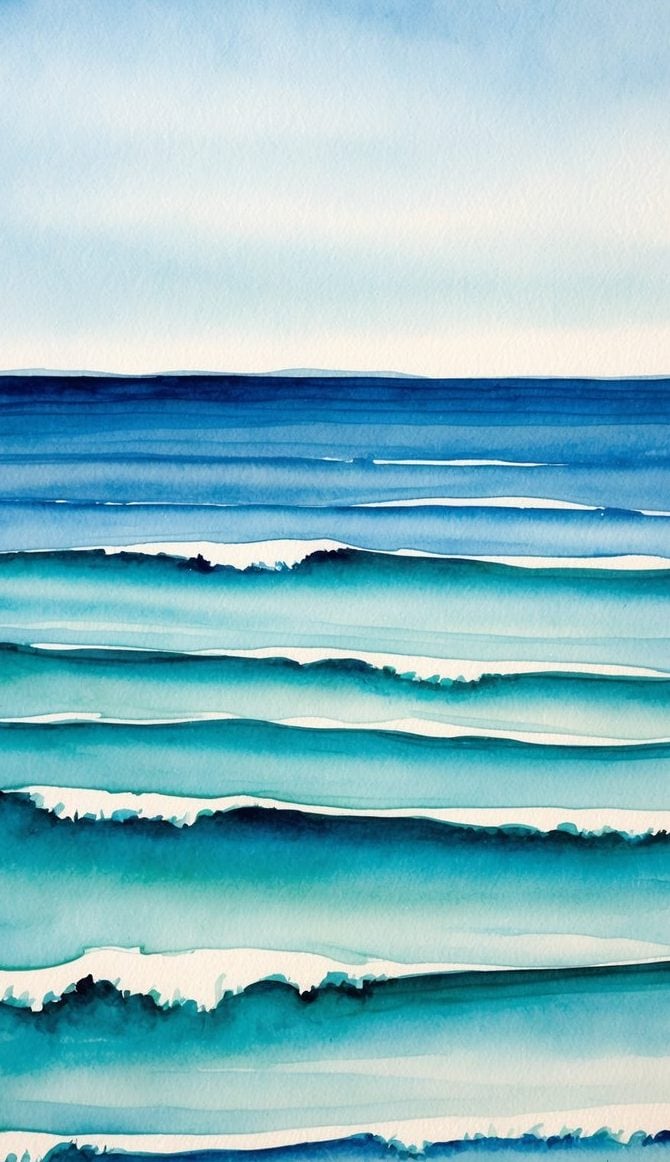 Watercolor iPhone wallpaper featuring layered ocean waves in blue and teal under a pale sky.