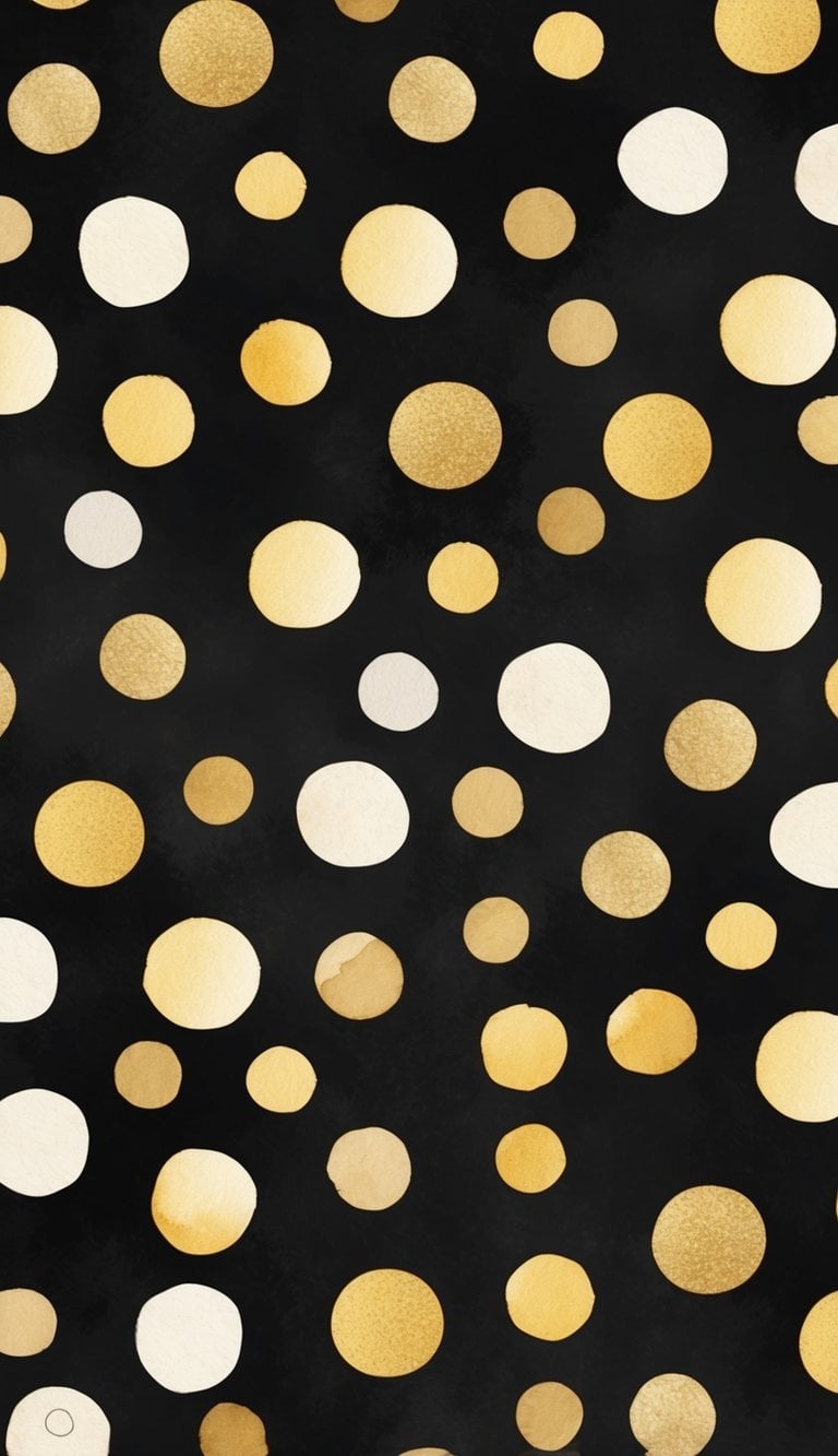 Watercolor-style gold and off-white polka dots in various sizes scattered across a soft black background for a whimsical, artsy iPhone wallpaper.