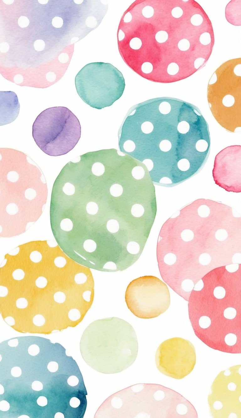 iPhone wallpaper with playful, irregular watercolor circles in rainbow tones, some filled with white polka dots, evoking a nostalgic and fun mood.