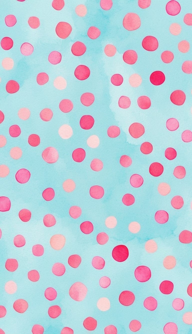 Watercolor-style iPhone wallpaper with scattered pink and coral polka dots over a soft aqua blue background, creating a playful, summery feel.