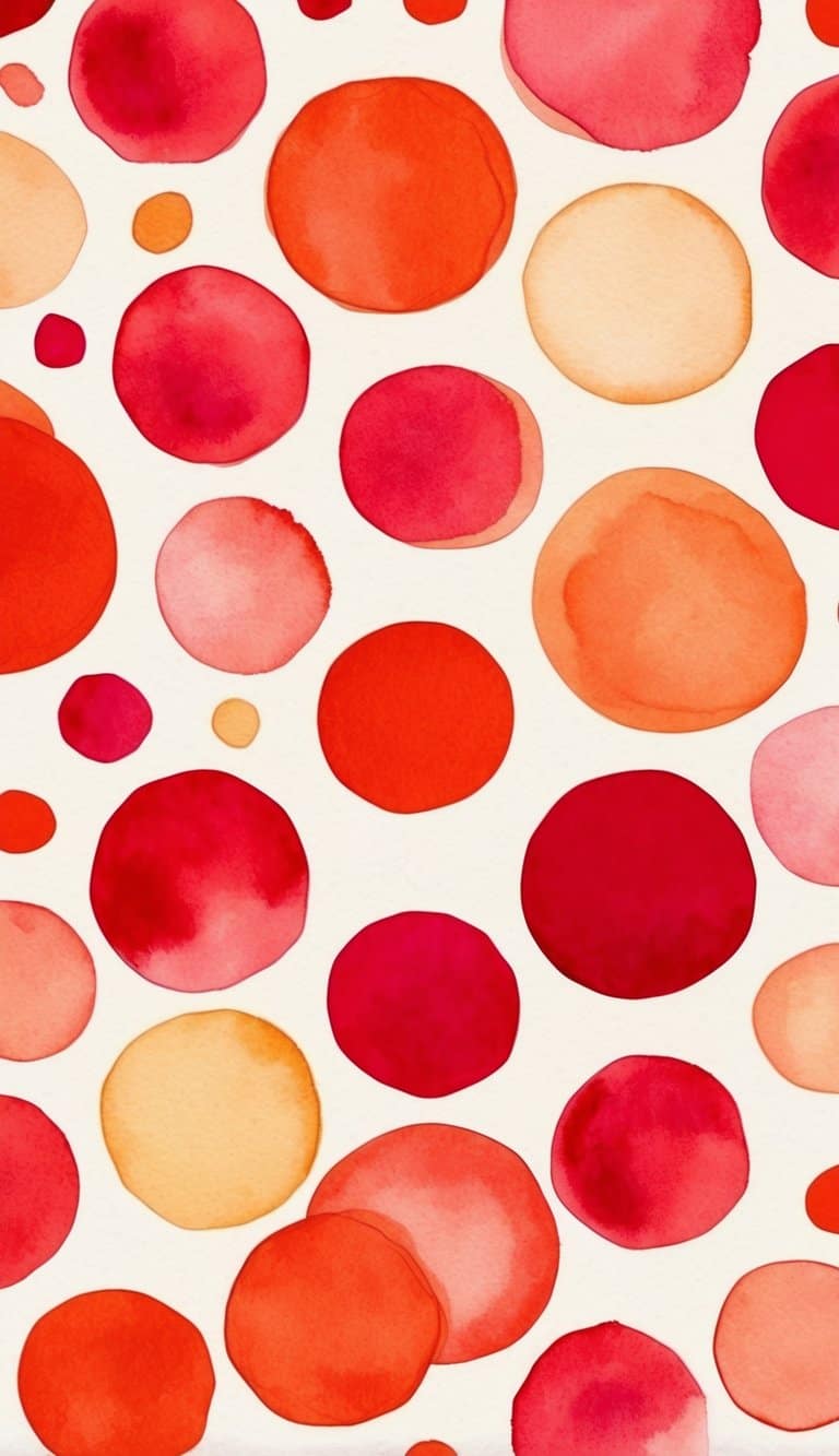 Watercolor iPhone wallpaper with hand-painted red, orange, and peach polka dots on a soft white background, resembling scattered pebbles at dusk.