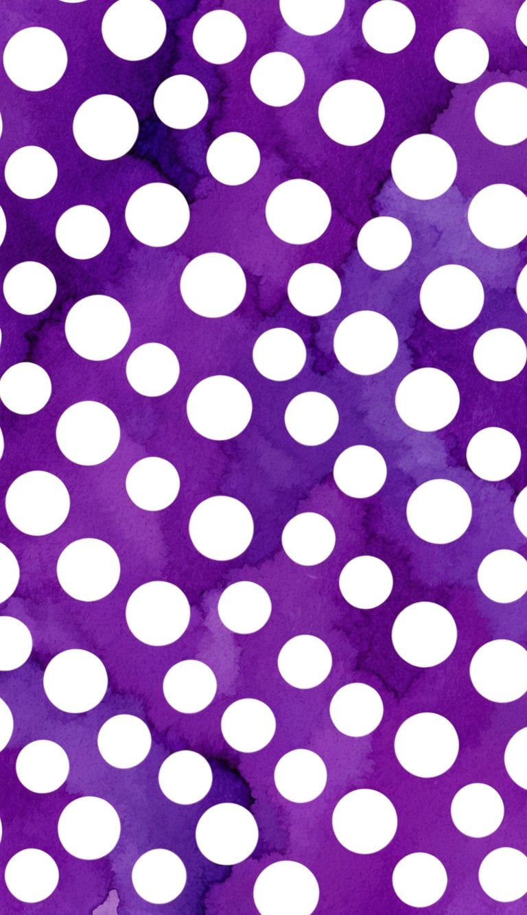 White polka dots in a grid pattern over a vibrant purple watercolor background with soft, organic shading.