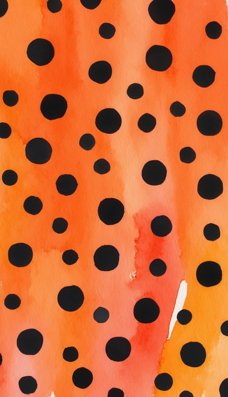 Orange watercolor background with evenly spaced black dots of varying sizes.
