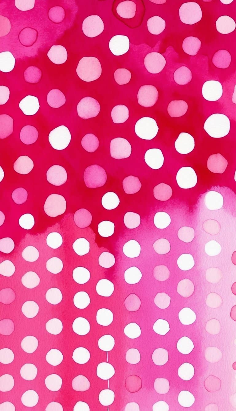 White watercolor polka dots scattered across a bold raspberry-pink gradient background, with soft, fluid brush textures.