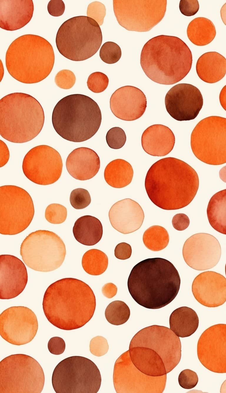 Watercolor polka dots in shades of terracotta, burnt orange, and brown on a soft cream background, creating a warm, rustic iPhone wallpaper.