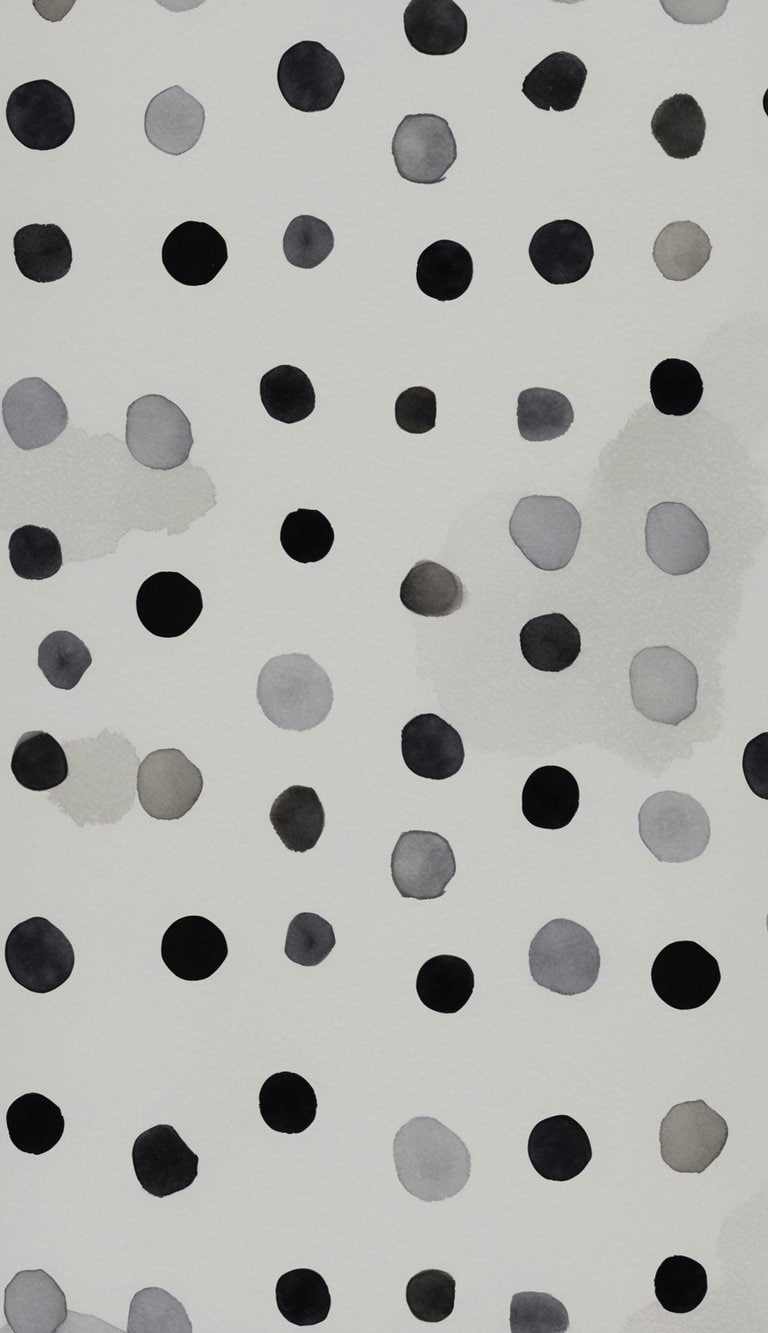 Watercolor iPhone wallpaper with scattered black and gray dots on white, creating a calm, neutral pattern with a hand-painted finish.