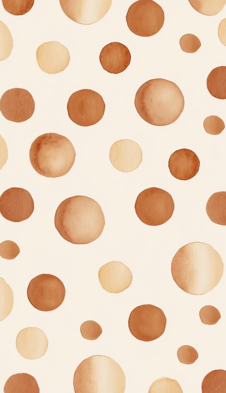 Hand-painted tan and brown dots in varying sizes over a light beige background, evoking a soft, rustic minimalism.