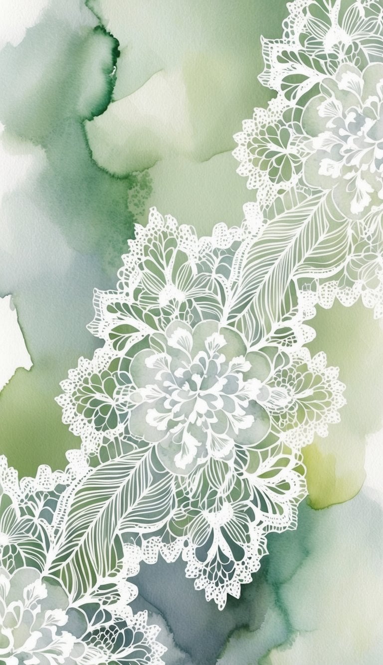 White Chantilly lace with floral and feather patterns over a green watercolor background for Lace iPhone Wallpapers.