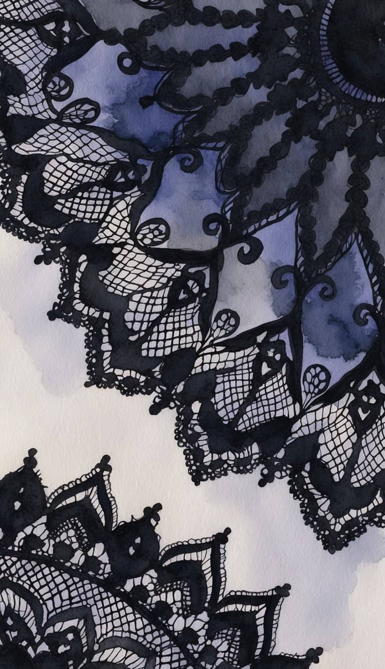 Ornate black Chantilly lace patterns on a blue and gray watercolor background for Lace iPhone Wallpapers.