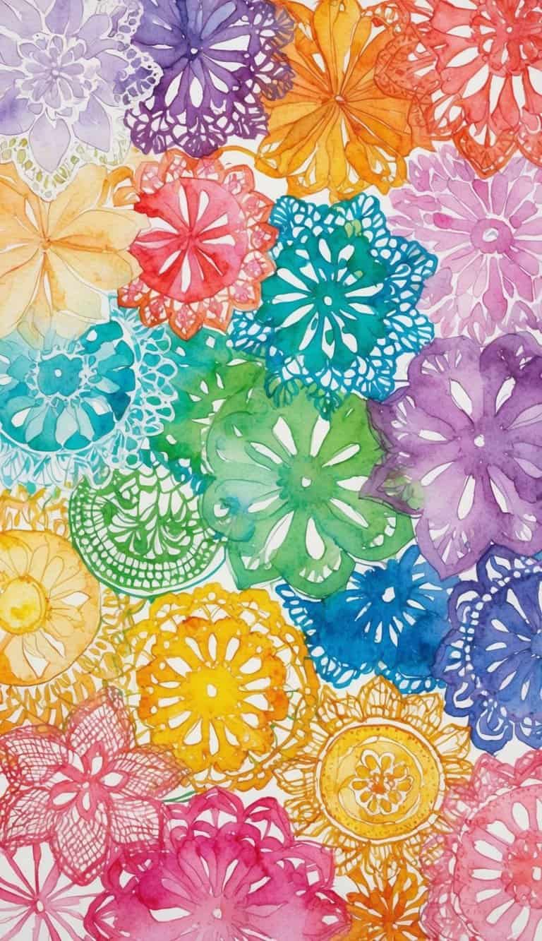 Multicolored circular lace patterns resembling crochet over a white background for Lace iPhone Wallpapers.