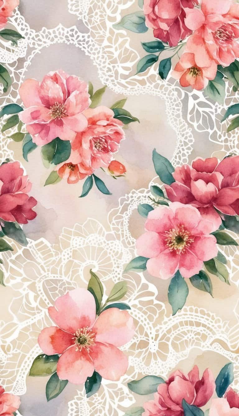 Pink and red watercolor flowers with white lace detailing on a light neutral gradient for Lace iPhone Wallpapers.