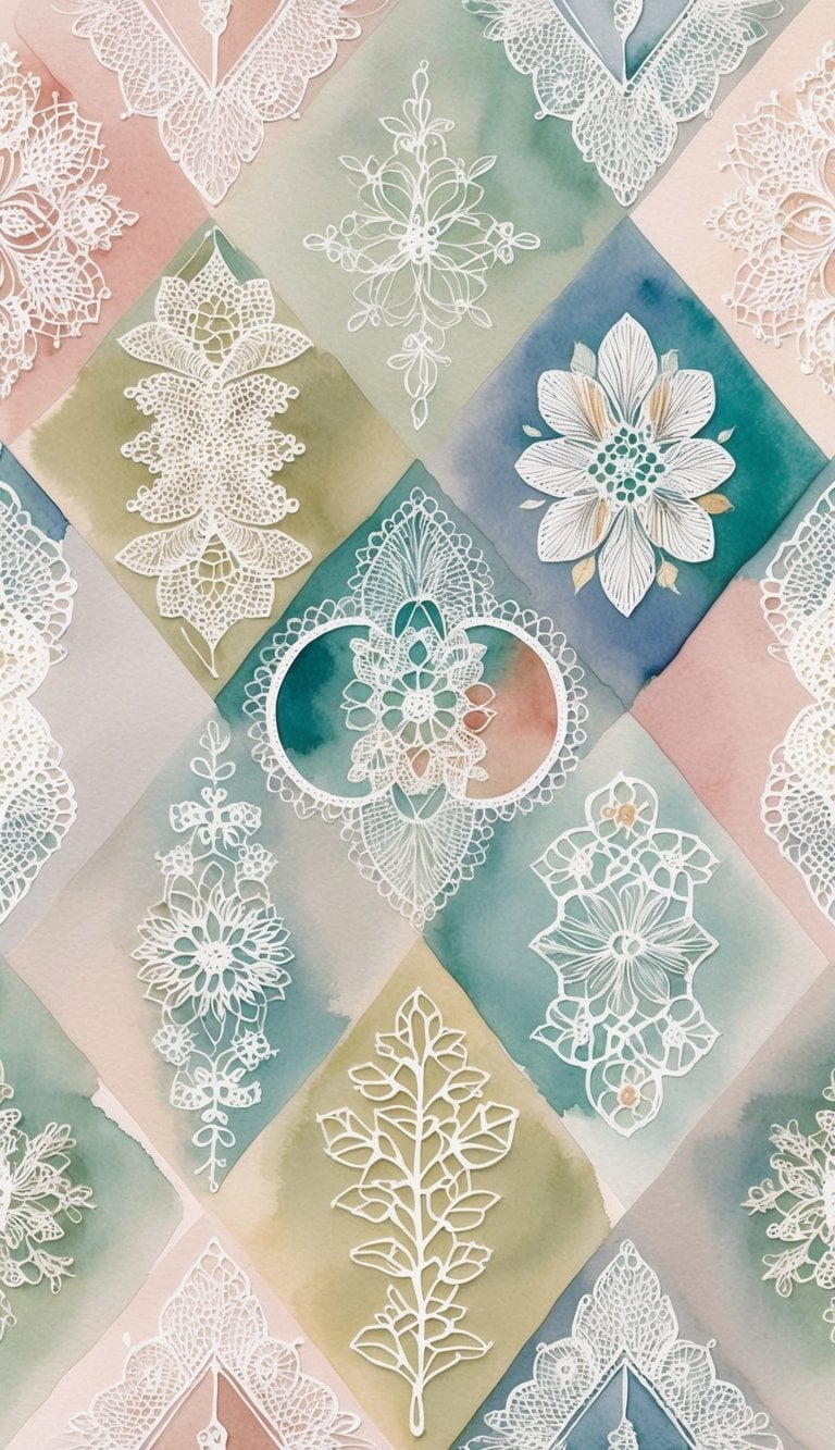 White lace motifs arranged in a diamond patchwork over pastel watercolor squares for Lace iPhone Wallpapers.