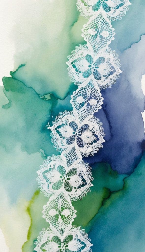 White lace with intricate floral patterns lies diagonally over a watercolor background in shades of green and blue.