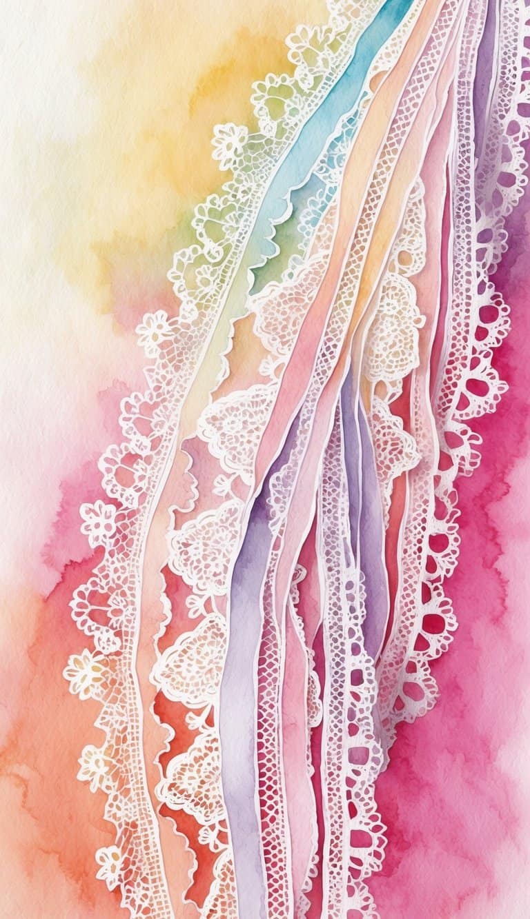 Cascading white lace ribbons over a multicolor watercolor background in rainbow shades for Lace iPhone Wallpapers.