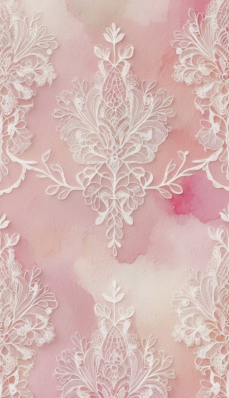 Ornate white damask lace pattern on a pink watercolor background for Lace iPhone Wallpapers.