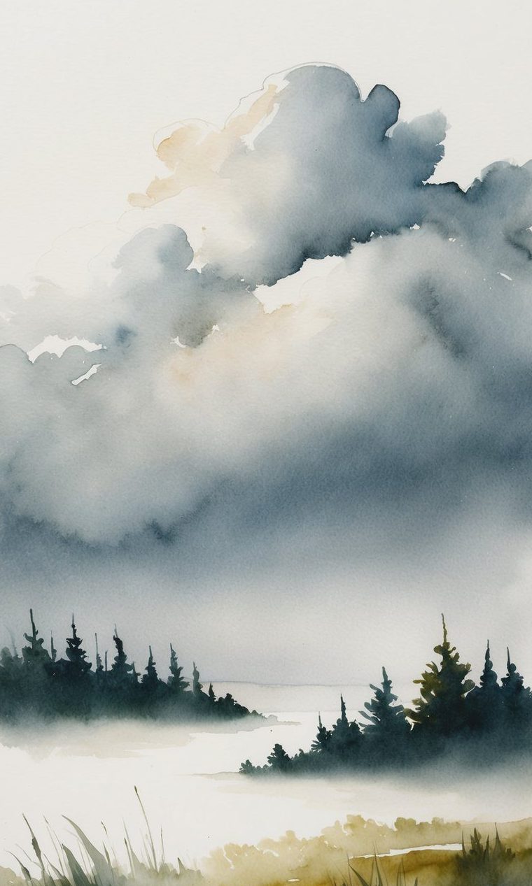 Watercolor painting of a misty landscape with evergreen trees, a grassy field in the foreground, and dramatic dark clouds in the sky.