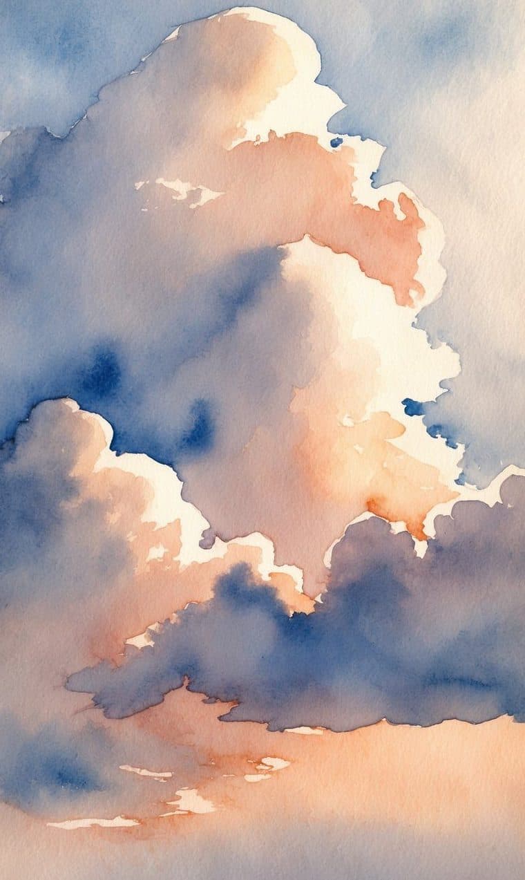 A watercolor painting depicting fluffy clouds with soft blue, pink, and peach tones against a light sky.