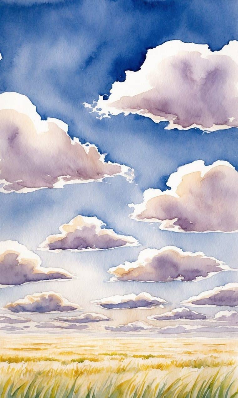 Watercolor painting of a prairie landscape with golden grasses and a blue sky filled with scattered, fluffy clouds.