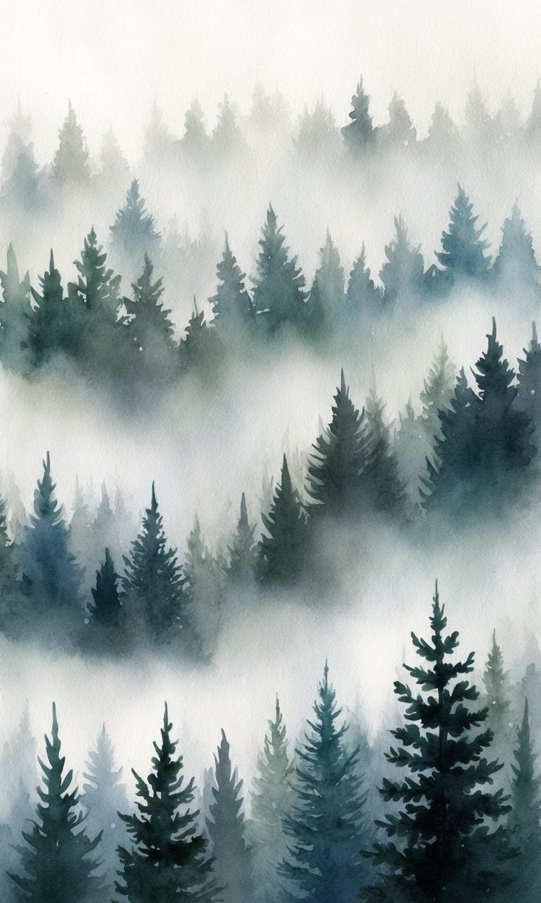 Watercolor painting of dense pine trees with mist or fog drifting through the forest, creating layers of soft, muted green and gray tones.
