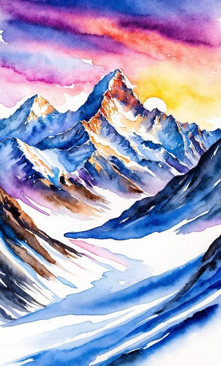 Watercolor painting of snow-covered mountain peaks at sunrise, with colorful sky in shades of pink, purple, and yellow, and a sun partially visible behind the tallest peak.