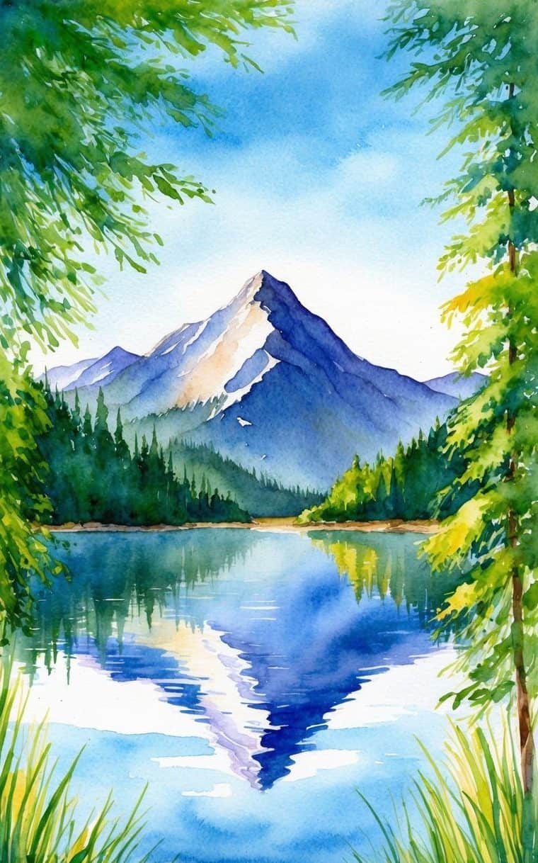 Watercolor painting of a snow-capped mountain reflected in a calm lake, framed by green trees and grass under a blue sky.