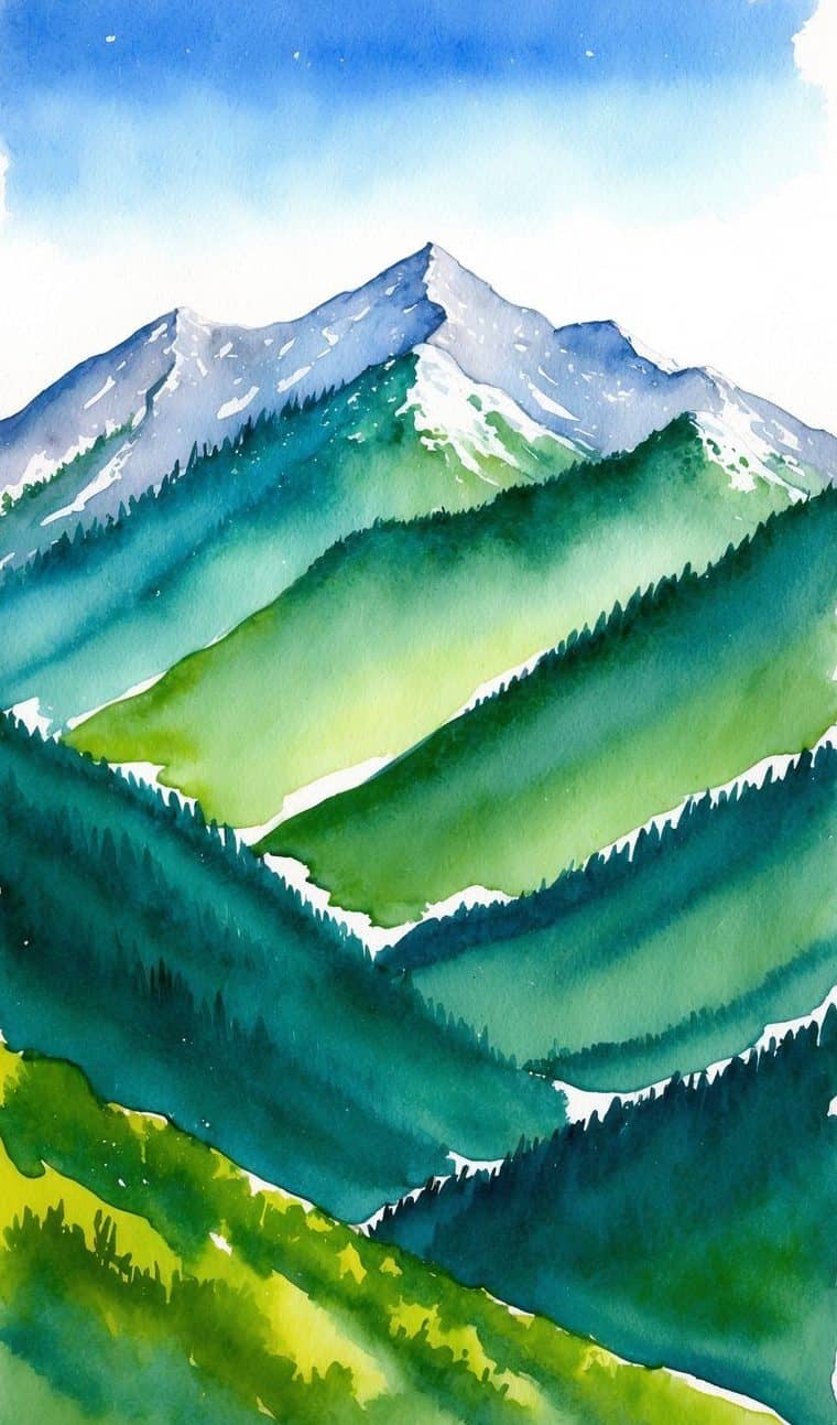Watercolor painting of a mountain landscape with green hills, forested slopes, and a snow-capped peak under a blue sky.