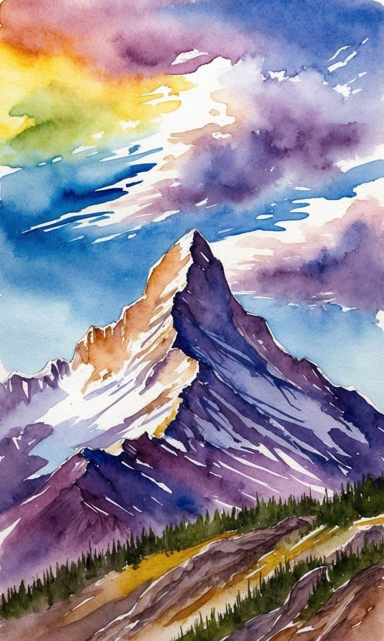 Watercolor painting of a sharp, snow-capped mountain peak under a colorful sky with clouds, with green trees and rocky terrain in the foreground.