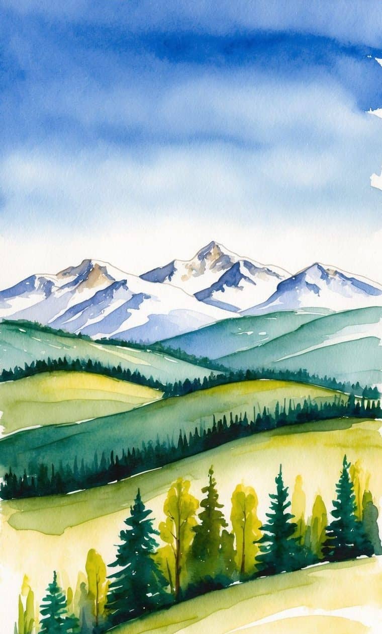 Watercolor painting of snow-capped mountains in the background, rolling green hills in the middle ground, and trees in the foreground under a blue sky.