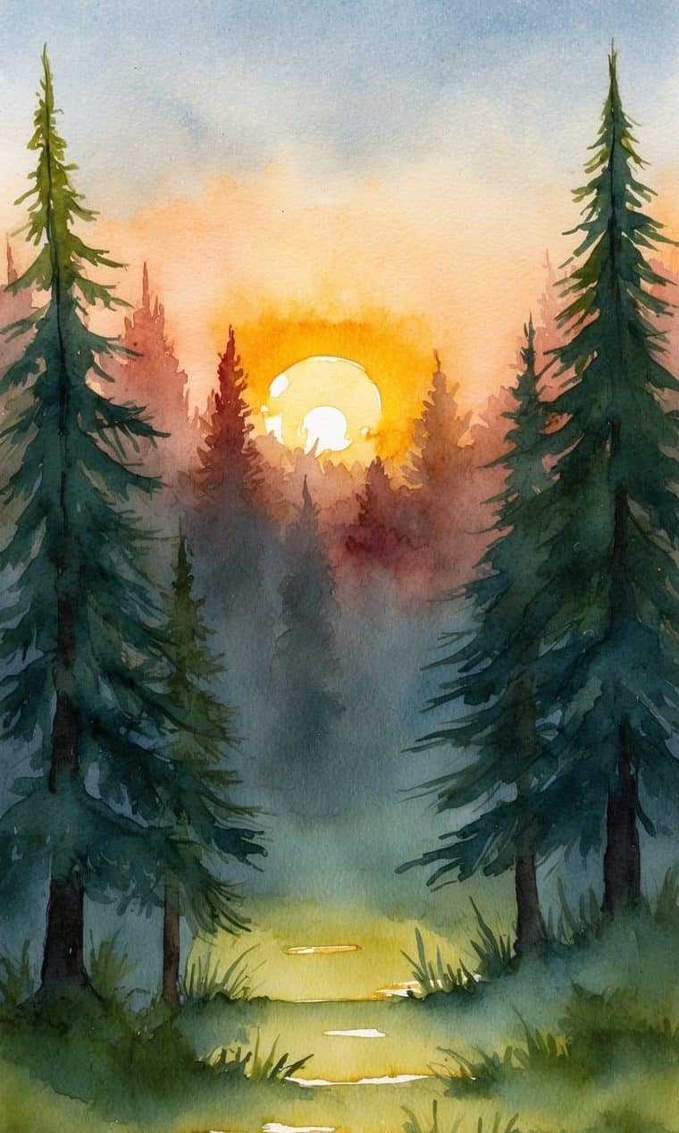 Watercolor painting of a forest scene with tall pine trees, a sun setting behind distant trees, and a grassy path reflecting the sunlight.