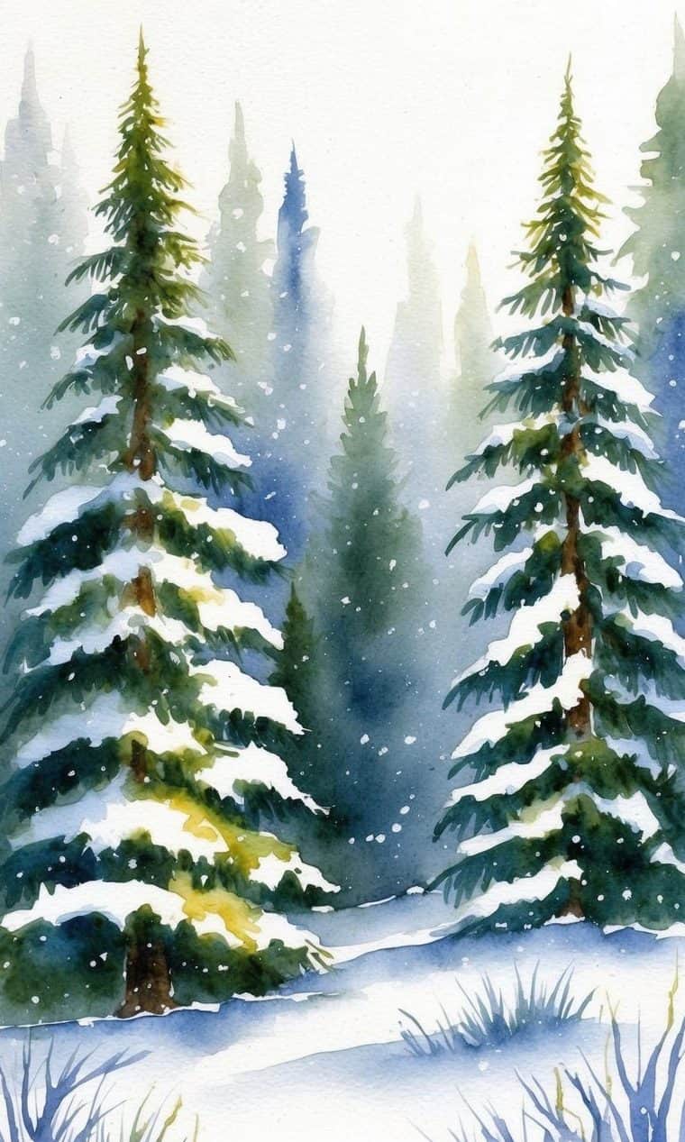 Watercolor painting of snow-covered pine trees in a forest with falling snow and a soft, misty background.