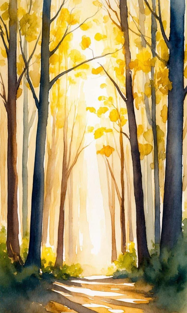 Watercolor painting of a sunlit forest with tall trees and yellow leaves, creating a bright, glowing pathway through the woods.