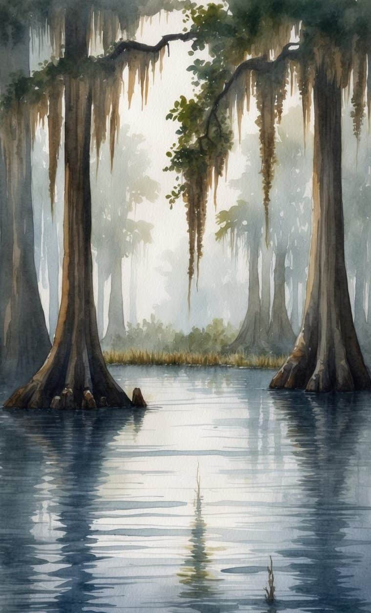 A misty cypress swamp with tall trees draped in moss, their trunks reflected in calm blue water under soft, diffused light.