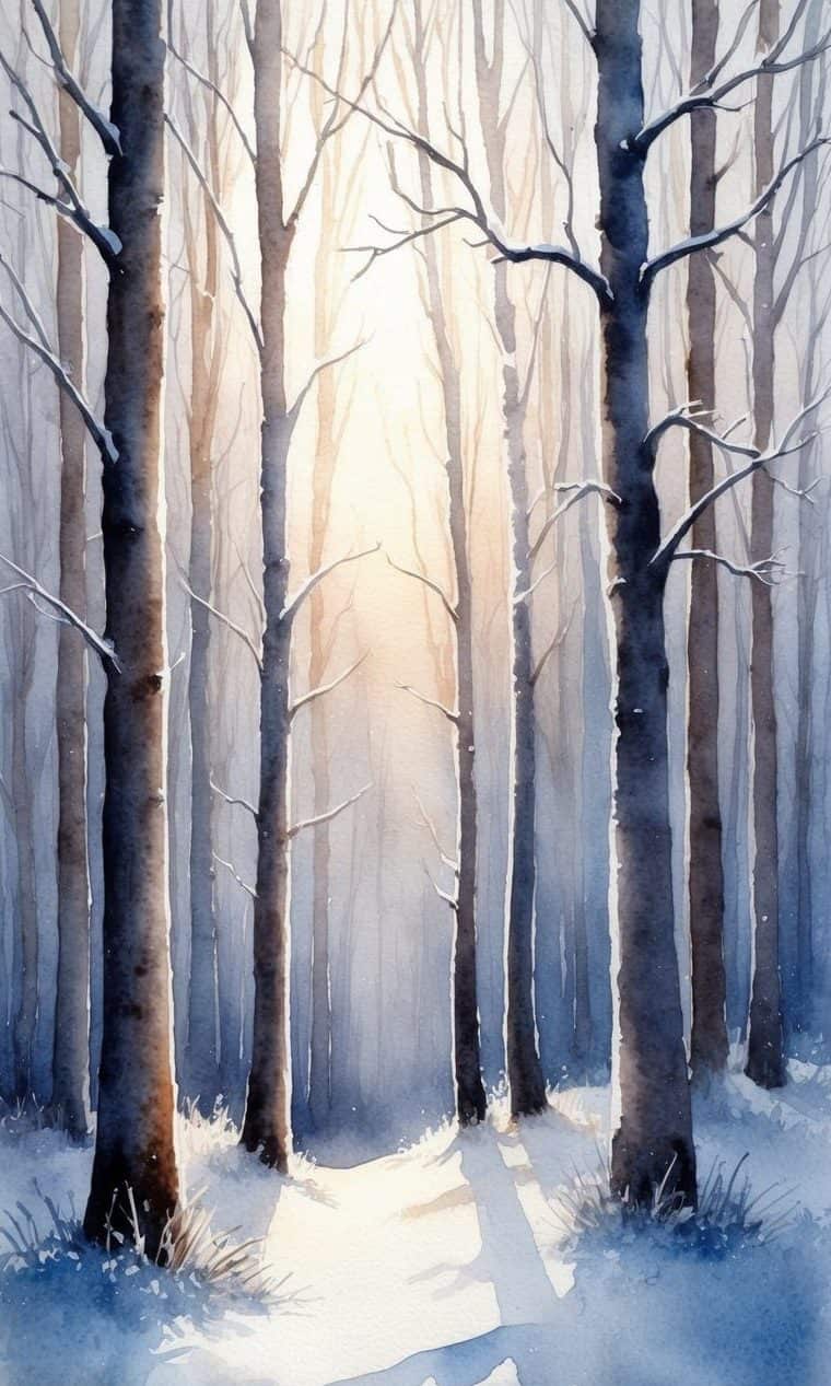 Watercolor painting of a winter forest with tall bare trees, sunlight streaming through branches, and snow covering the ground.