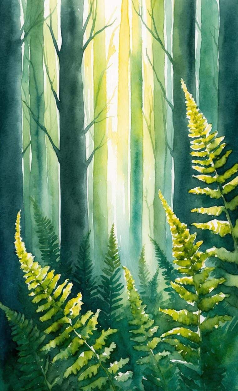 Watercolor painting of a sunlit forest with tall trees in the background and bright green ferns in the foreground.