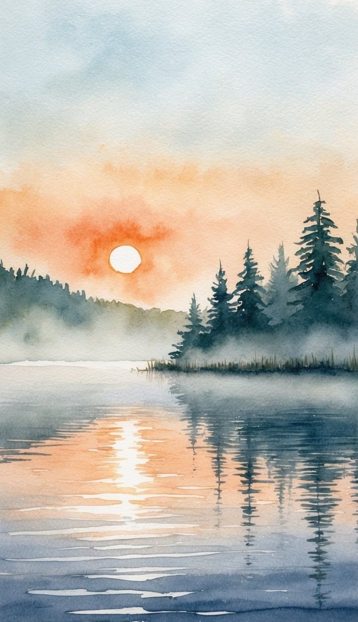 Watercolor lake iPhone wallpaper with soft sunrise, pine tree silhouettes, fog, and glowing water reflection.