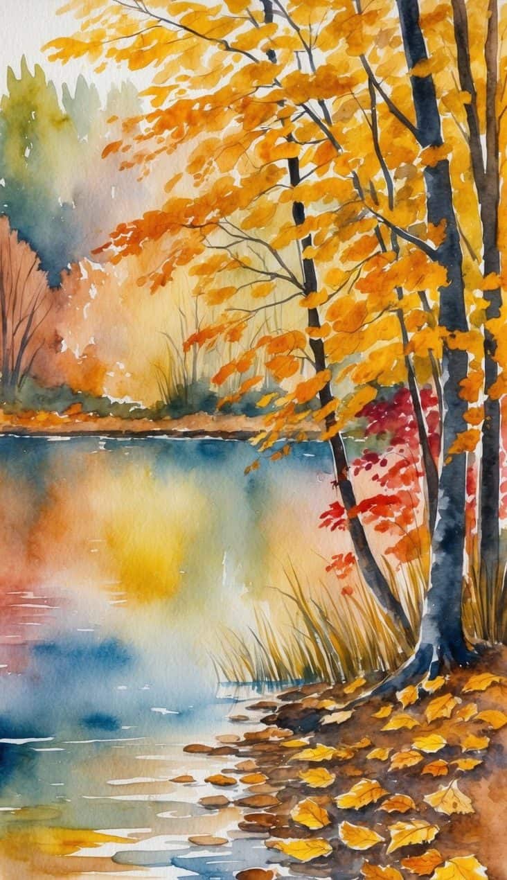 Autumn-themed iPhone wallpaper showing golden trees by a lake with fallen leaves and painterly reflections.