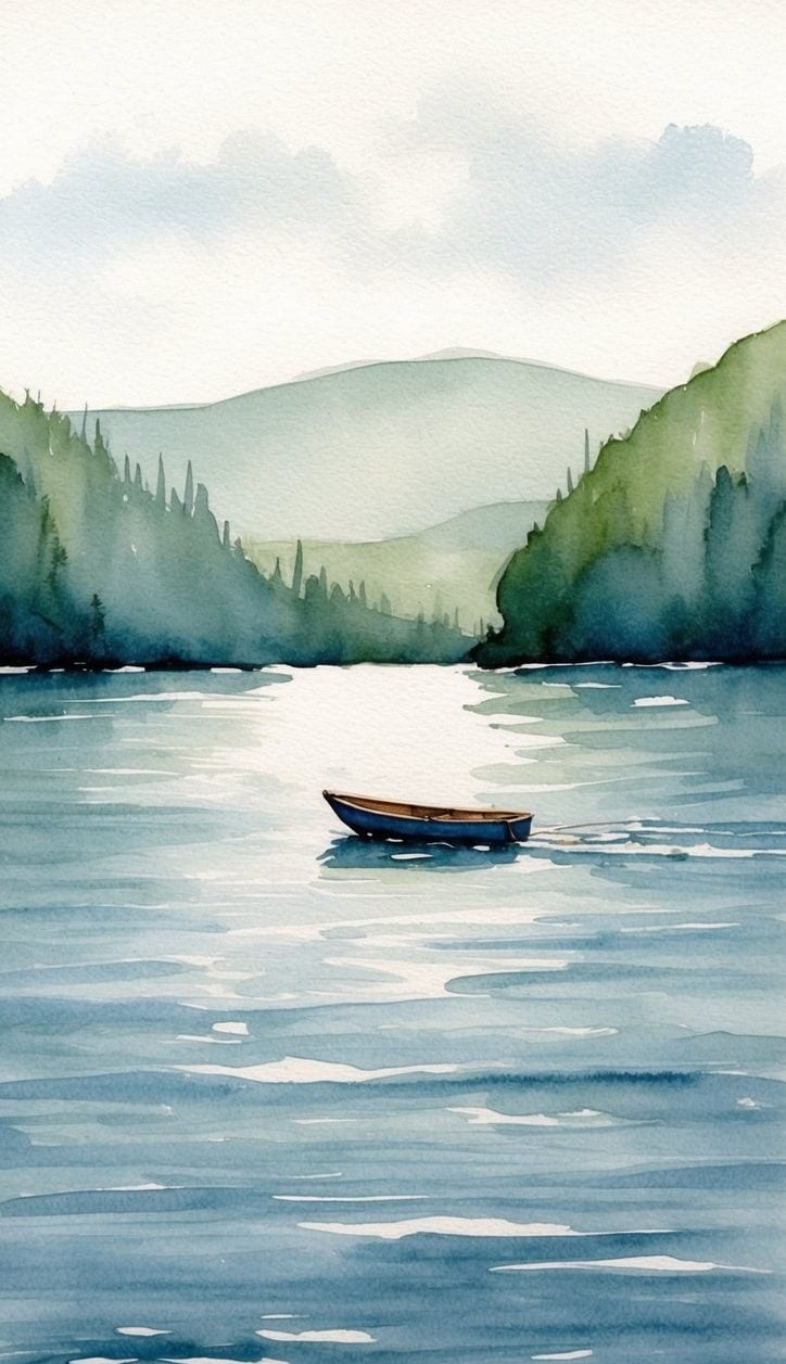 Watercolor lake iPhone wallpaper featuring a lone rowboat on glassy water with misty forest hills in the background.