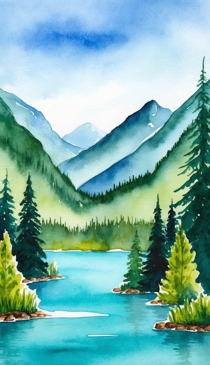 Lake iPhone wallpaper featuring evergreen trees, calm lake water, and watercolor mountain ridges.
