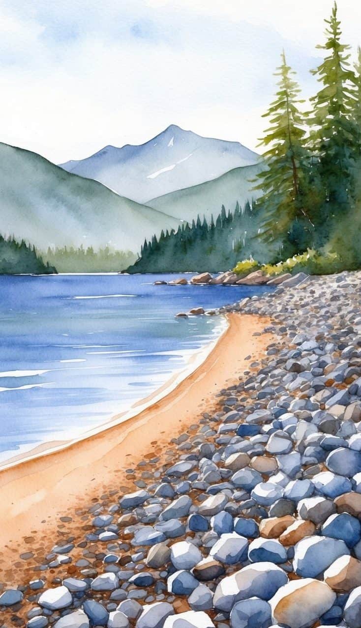 Watercolor lake iPhone wallpaper with stone-covered beach, pine trees, and layered mountains in soft hues.