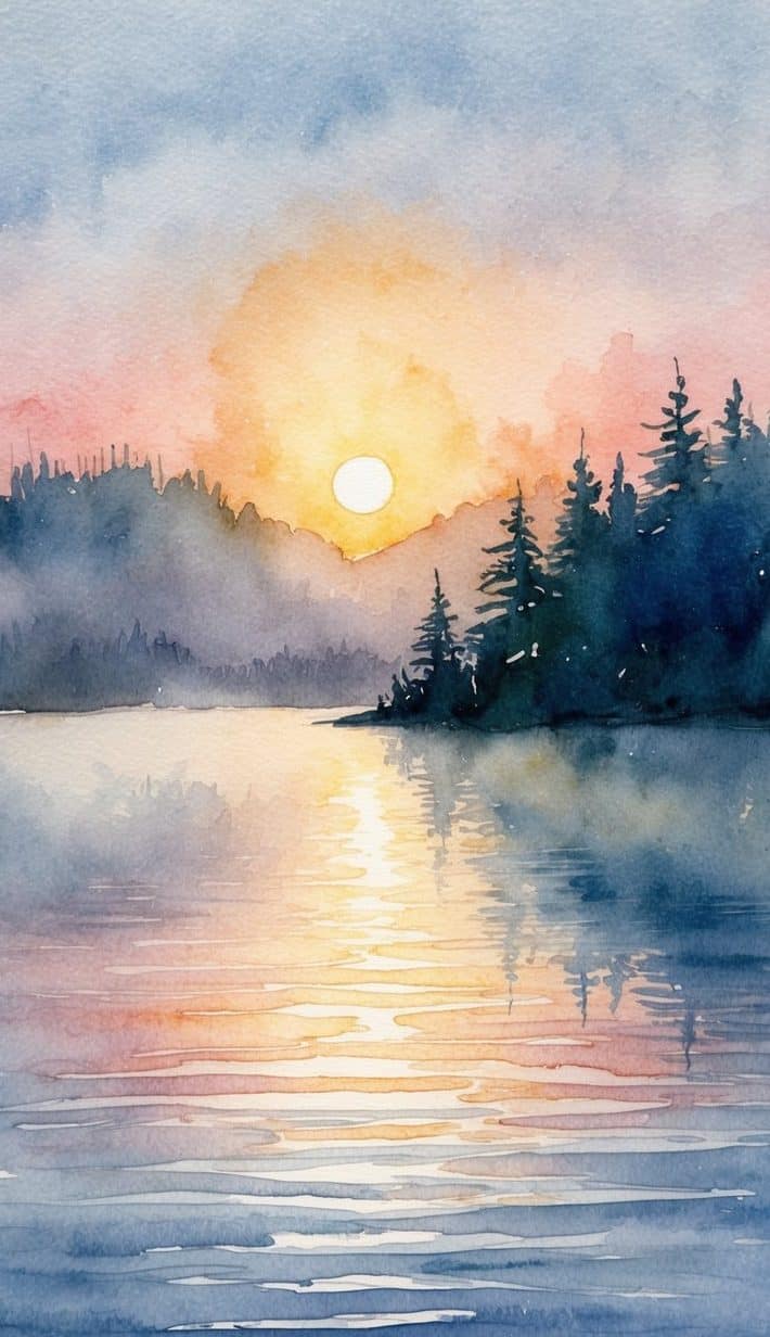 The sun rises over calm, misty waters, casting a warm glow on the tranquil lake