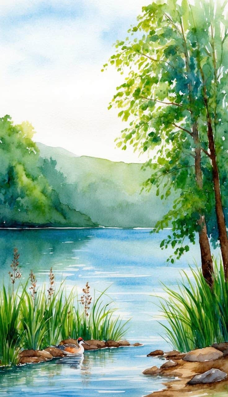 Watercolor lake iPhone wallpaper showing a peaceful lakeside with greenery, distant hills, and a duck in shallow water.