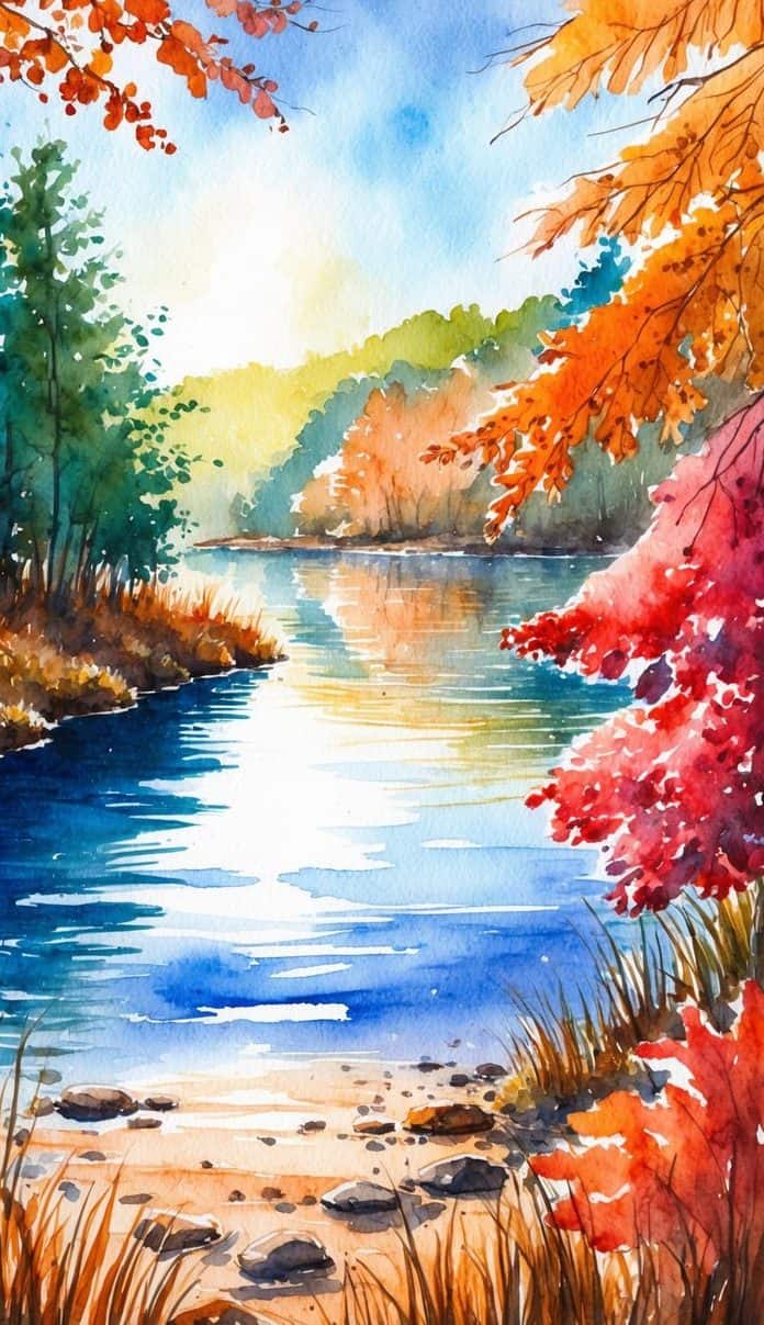 A watercolor painting of a calm lake surrounded by autumn trees in red, orange, and green, with sunlight reflecting off the water and rocks on the sandy shore.