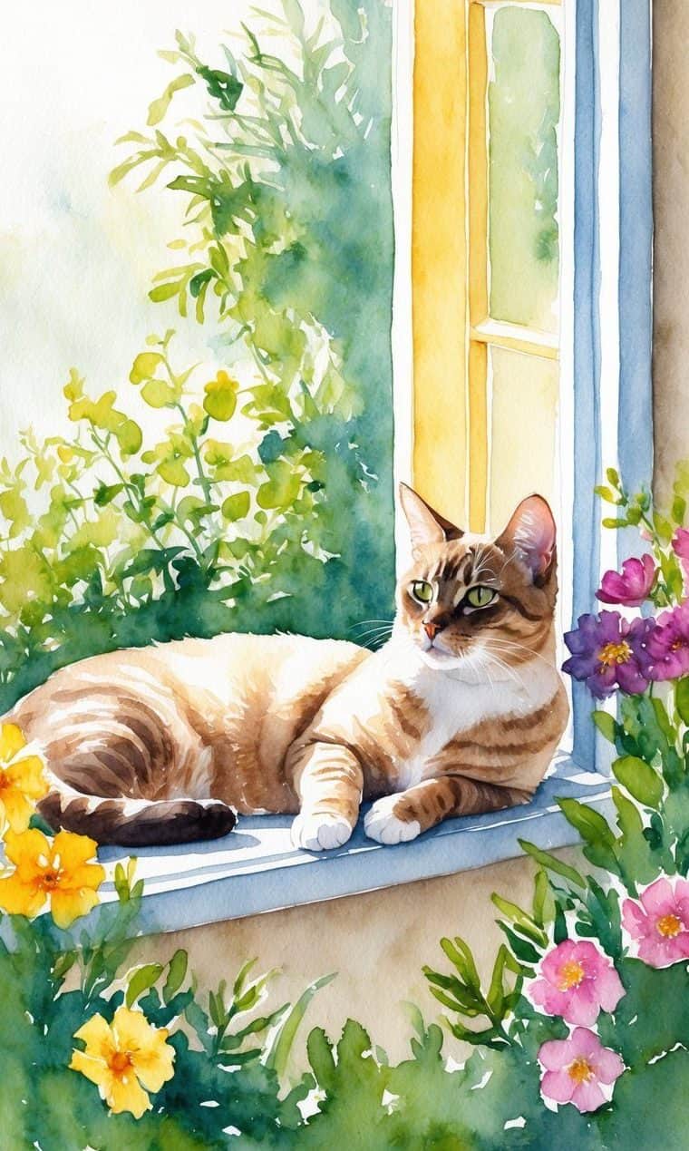 A tabby cat lies on a windowsill surrounded by colorful flowers and greenery, with sunlight streaming through an open window.