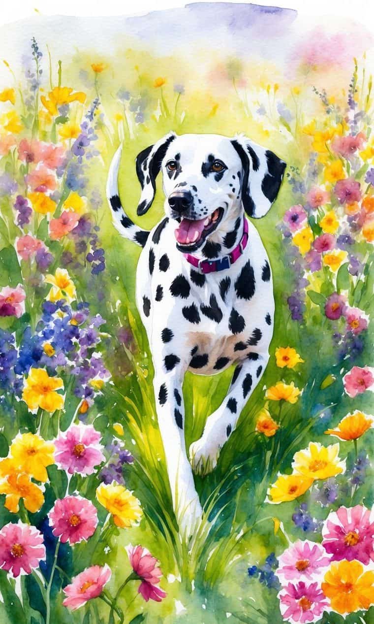 A Dalmatian dog with a pink collar runs through a field of colorful wildflowers on a sunny day.