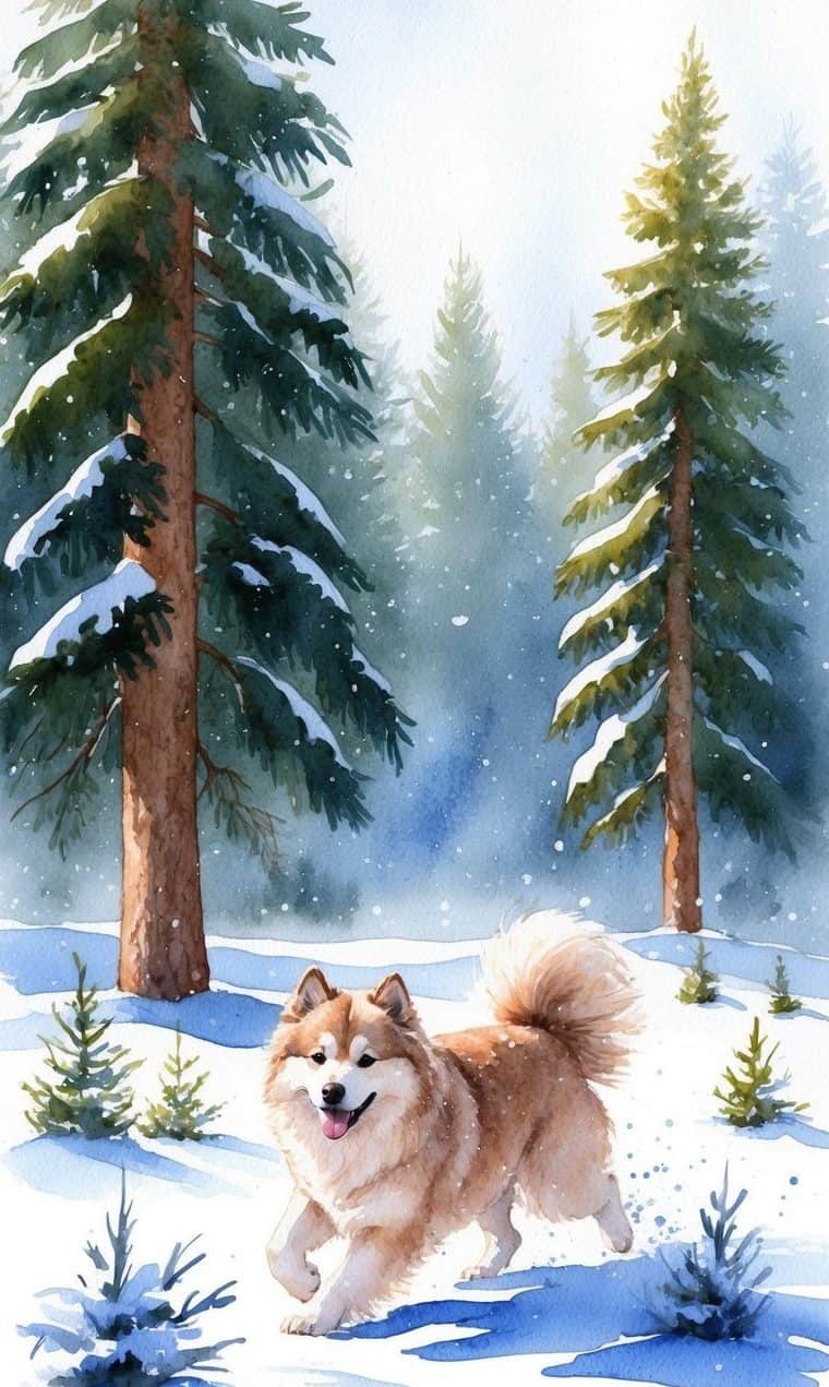 A fluffy dog runs joyfully in a snowy forest, surrounded by tall pine trees and falling snowflakes on a winter day.