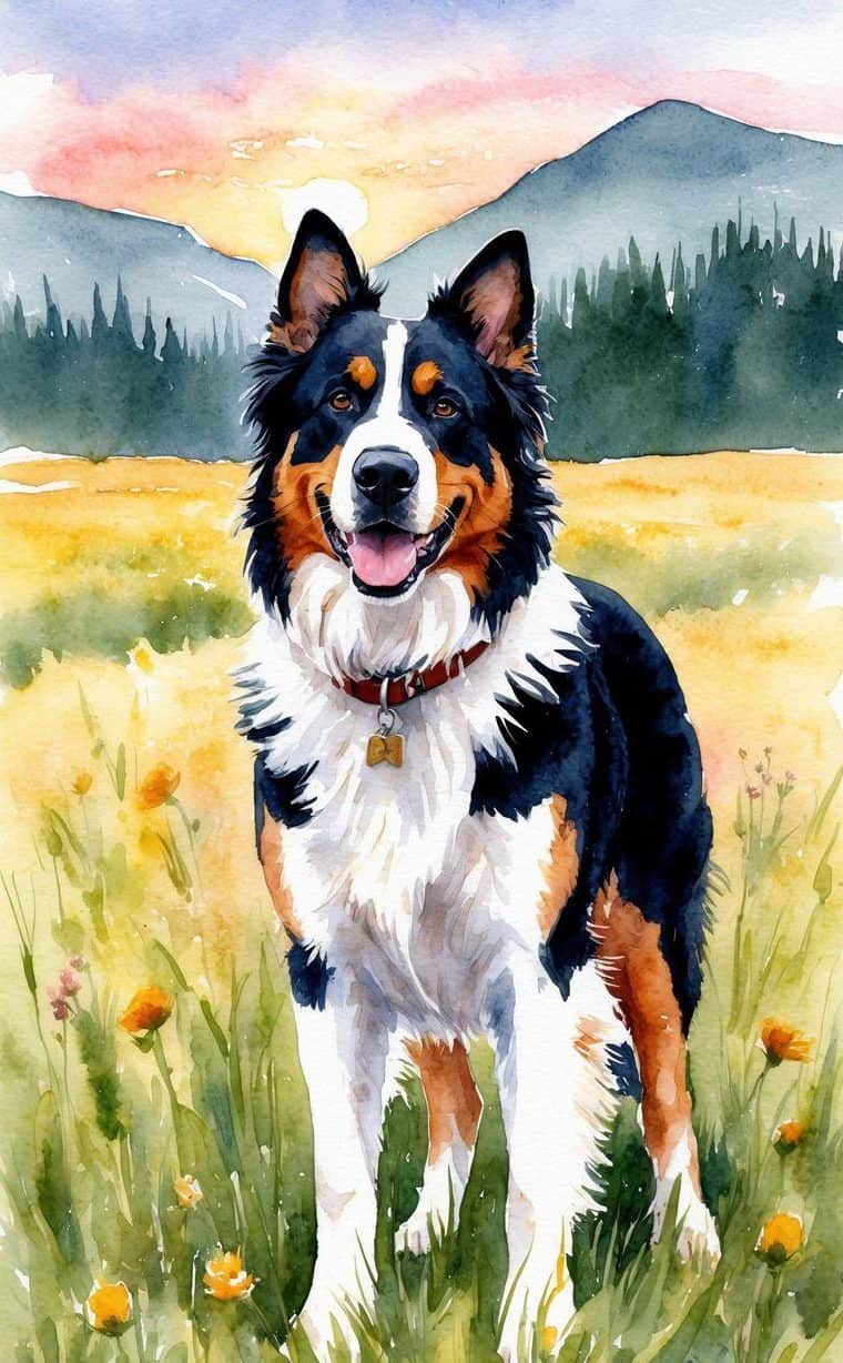Watercolor painting of a black, white, and tan dog standing in a grassy field with yellow flowers, mountains, and a sunset sky in the background.