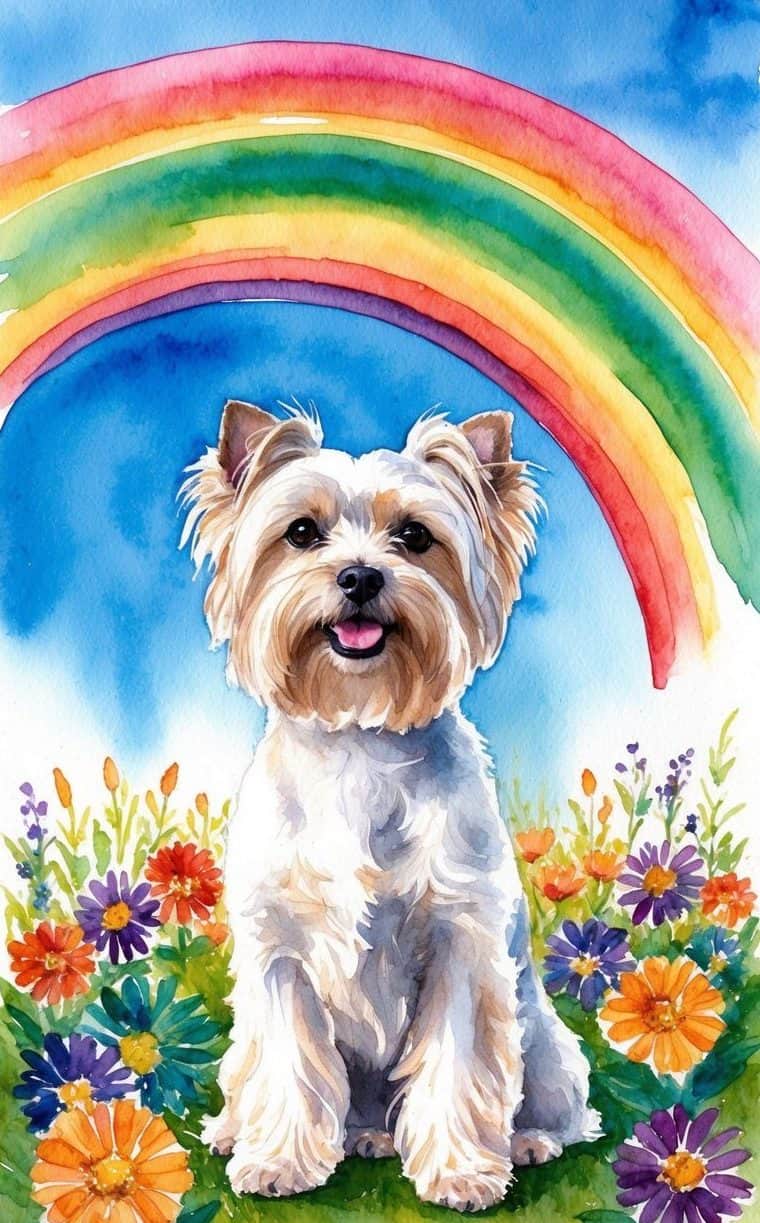 A small white dog sits among colorful flowers with a rainbow and blue sky in the background, depicted in a watercolor painting style.