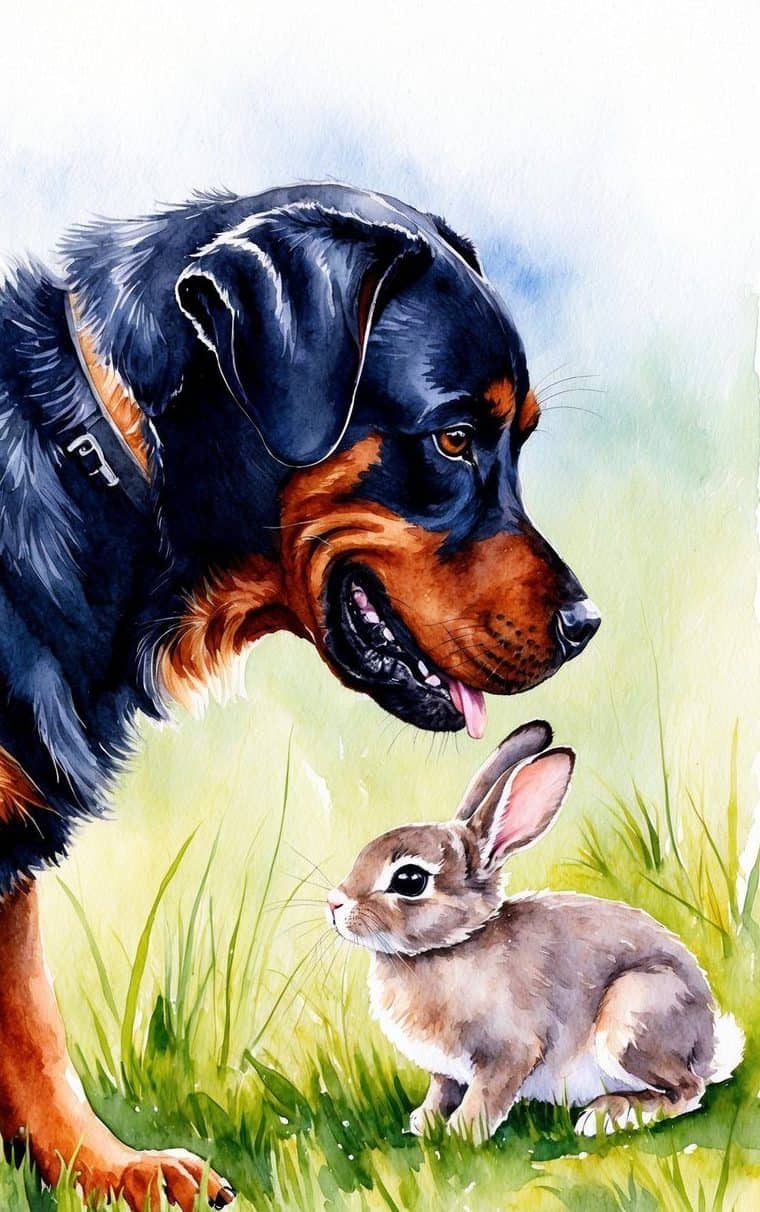 A Rottweiler dog closely observes a small brown rabbit sitting in the grass, both appearing calm in a natural outdoor setting.