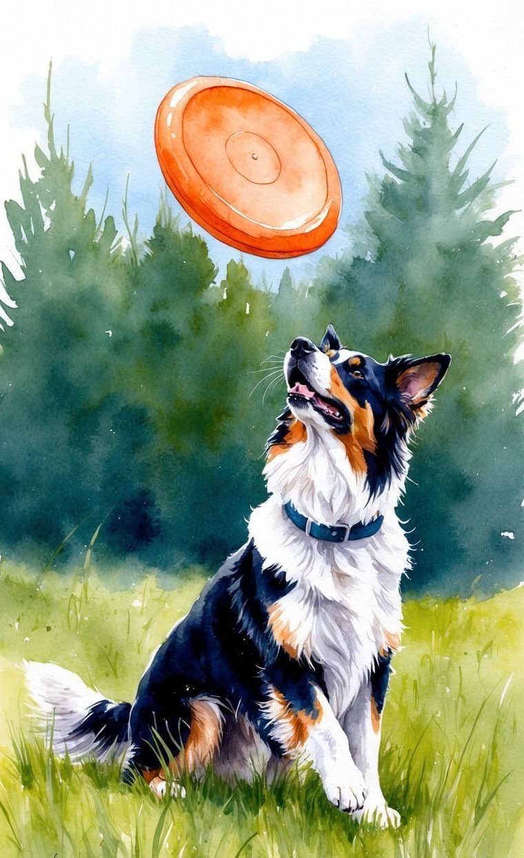 A tri-colored dog sits on grass, looking up at an orange frisbee in midair, with green trees in the background.